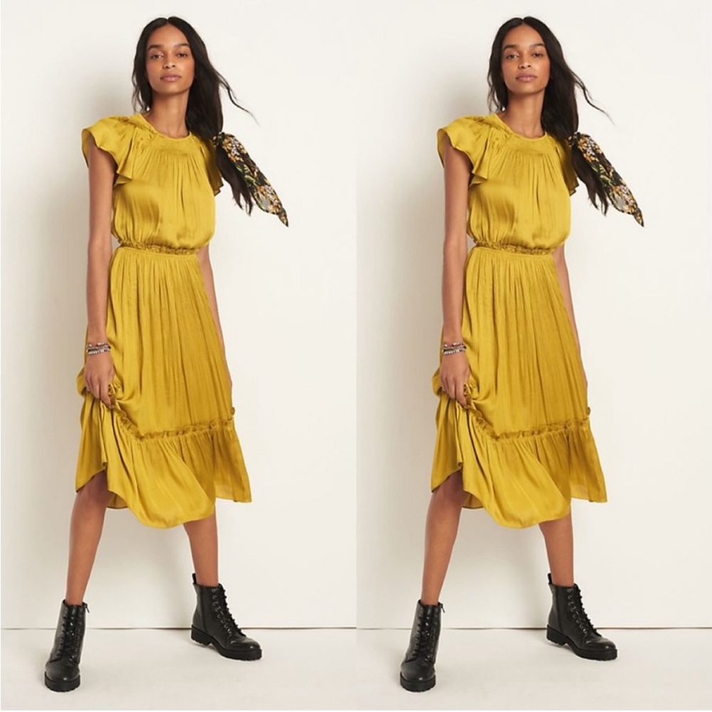 ANTHROPOLOGIE Current Air Dodie Flutter-Sleeved Midi dress size XS yellow
